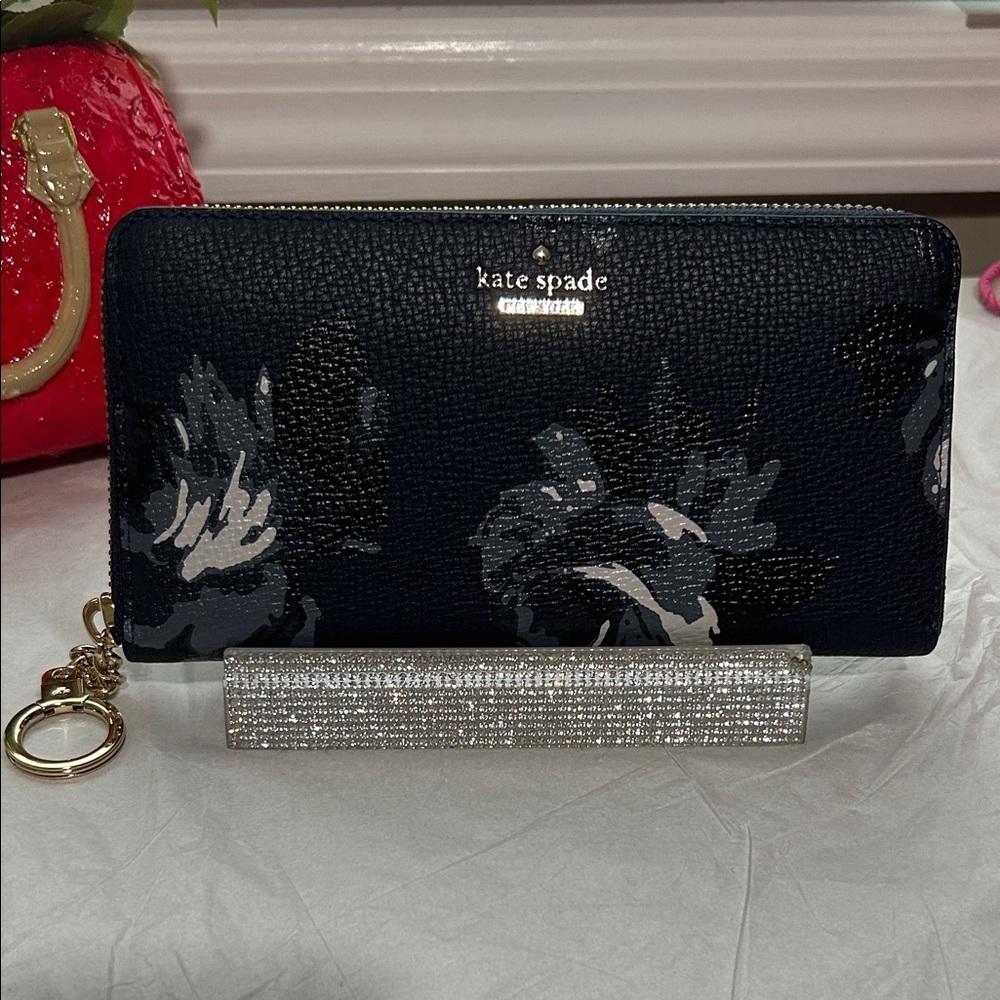 NWT Kate Spade navy blue floral print zip around wallet